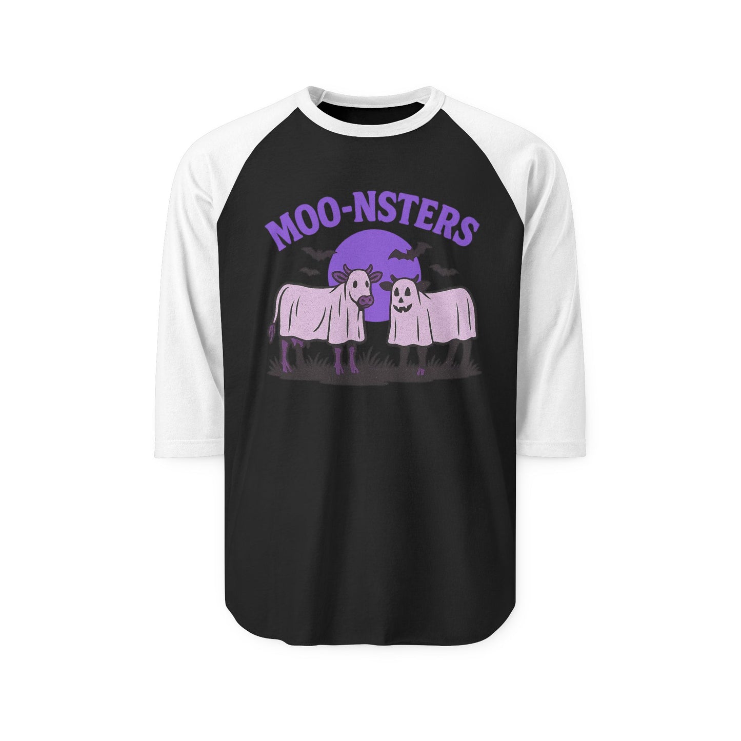 Moo-nsters Raglan Halloween Shirt, Cute Farm Cow Tee, Halloween Clothing, Funny Graphic Shirt, Unisex Casual Wear, Gift for Cow Lovers