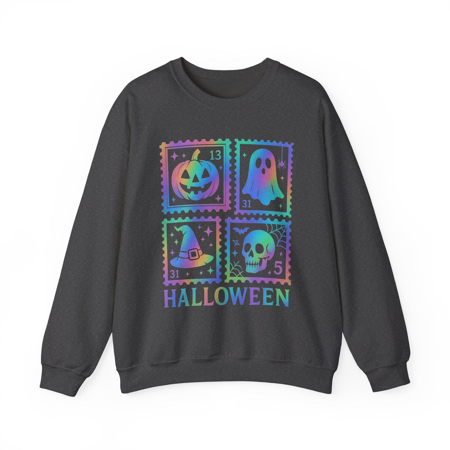 Halloween-themed Iridescent Stamp Sweatshirt, Halloween Apparel, Ghostly Sweatshirt, Pumpkin Design