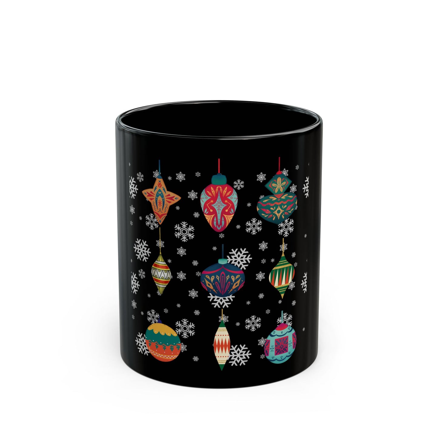 Festive Holiday Mug, Christmas Coffee Cup, Winter Decor Gift, Ornament Design, Black Ceramic Mug, Hot Beverage Holder