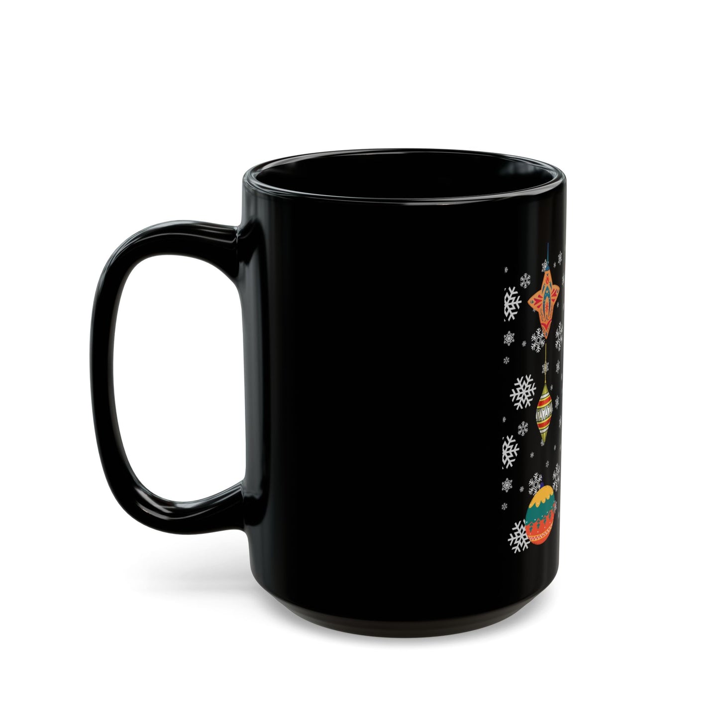 Festive Holiday Mug, Christmas Coffee Cup, Winter Decor Gift, Ornament Design, Black Ceramic Mug, Hot Beverage Holder