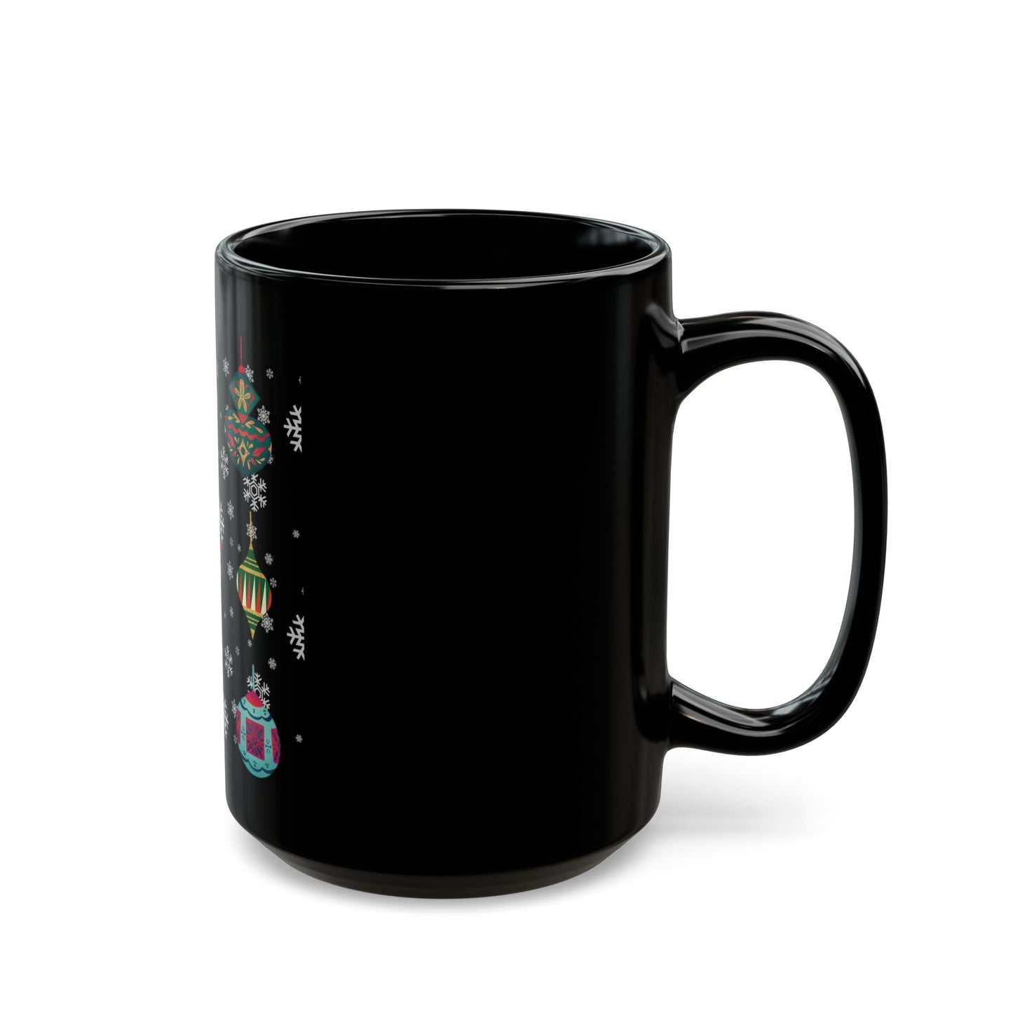 Festive Holiday Mug, Christmas Coffee Cup, Winter Decor Gift, Ornament Design, Black Ceramic Mug, Hot Beverage Holder
