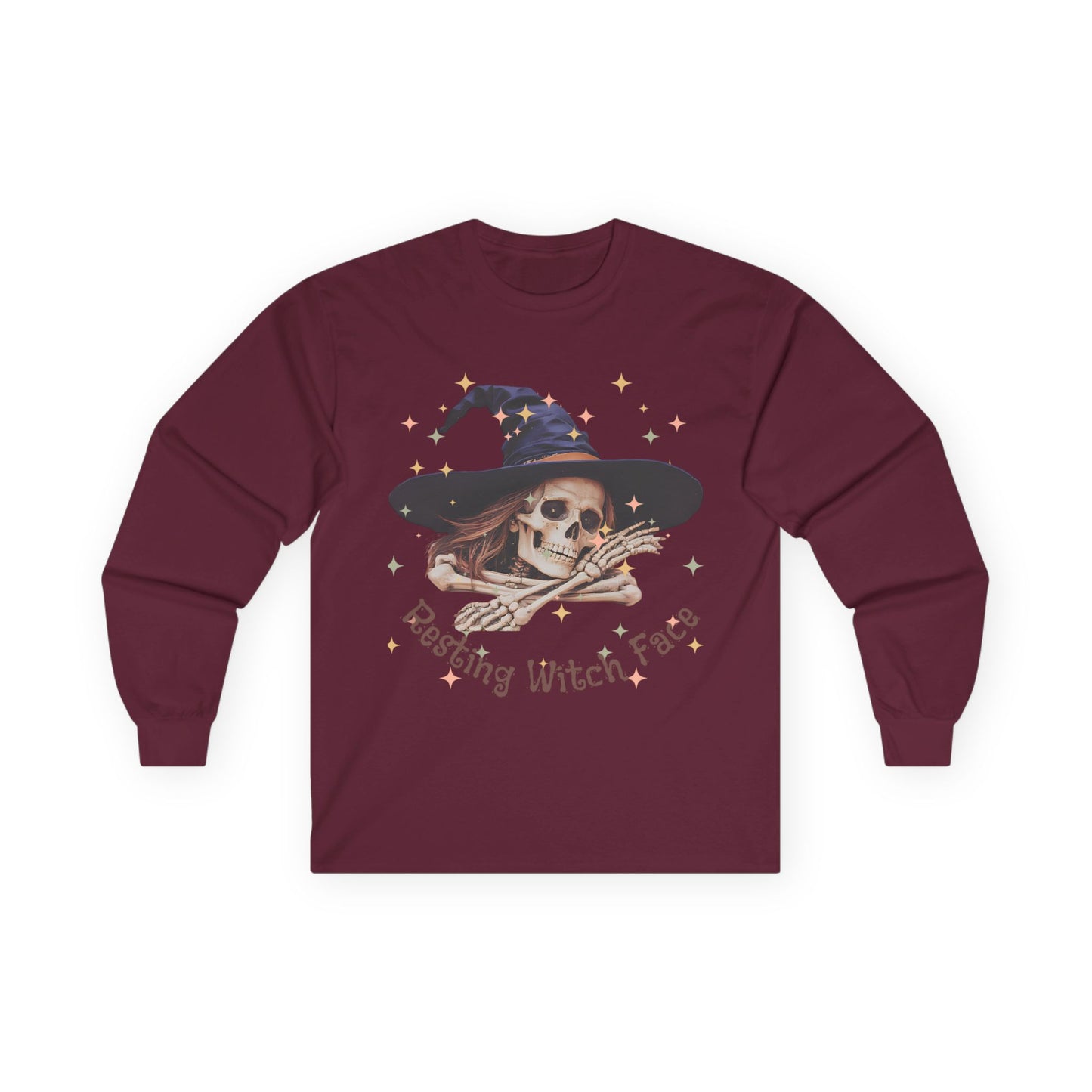 Spooky Skeleton Witch Long Sleeve Tee, Halloween Costume T-shirt, Ghostly Witch Shirt, Fall Tee