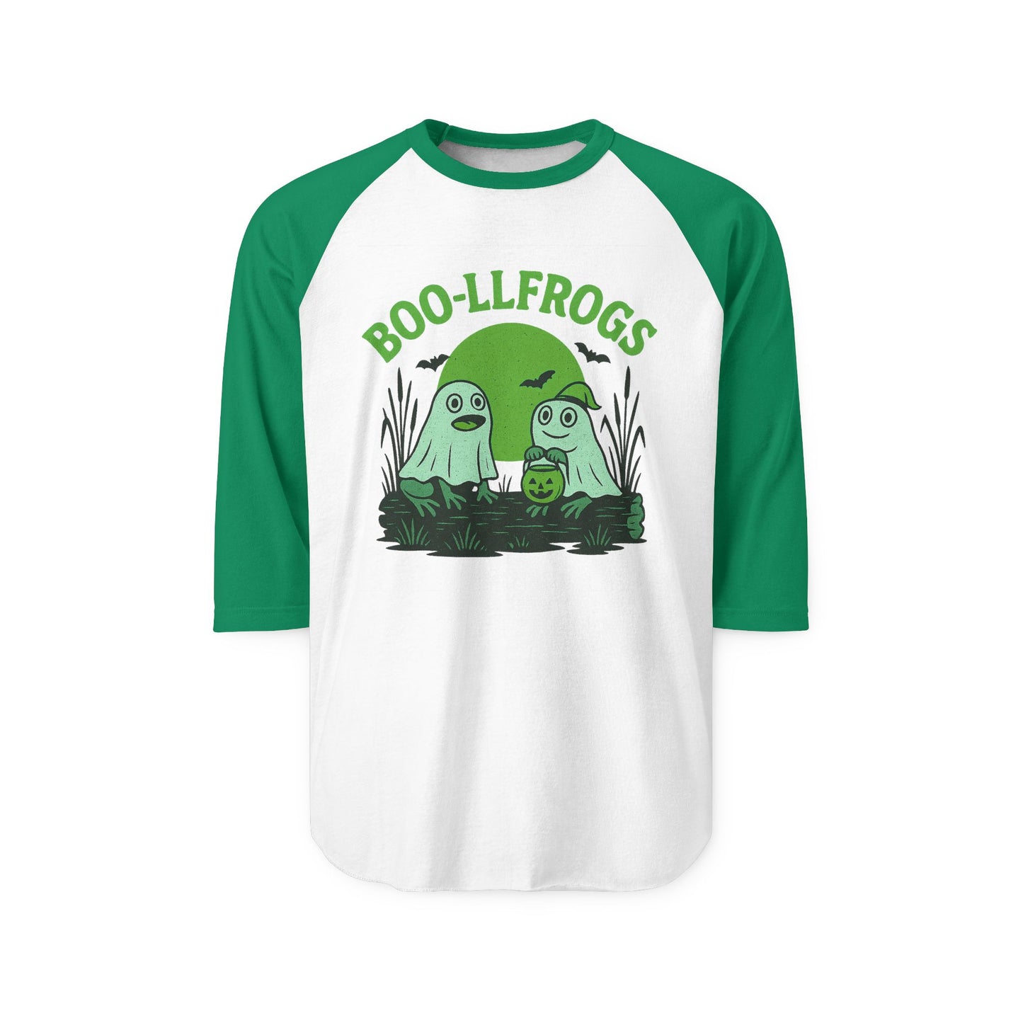 Halloween Ghosts Frogs Raglan Shirt, Boo-llfrogs Tee, Unisex Halloween Apparel, Spooky Season Shirt, Fall Festivity Wear, Ghostly T-Shirt