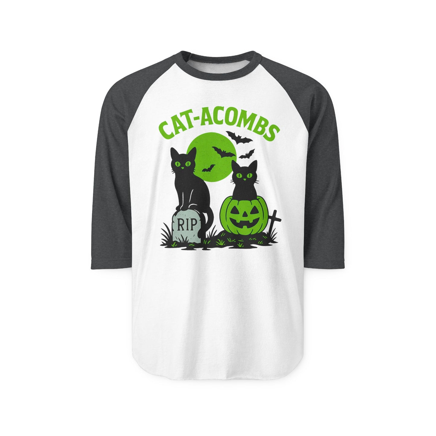 Halloween Cat-Acombs Raglan Shirt, Unisex Halloween Tee, Spooky Season Apparel, Cat Lovers Gift, Fall Fashion, Halloween Party Shirt