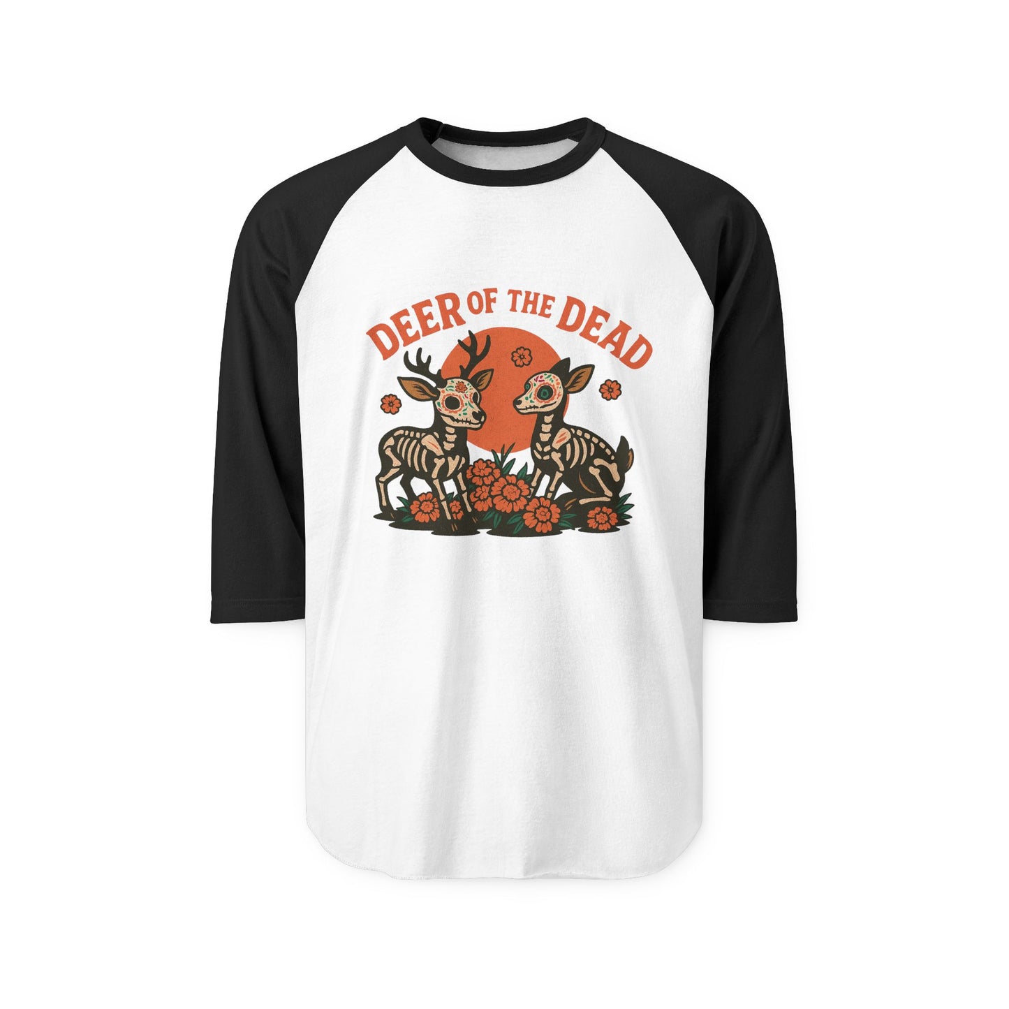 Deer of the Dead Raglan Shirt, Unisex Halloween Tee, Day of the Dead Shirt, Spooky Fashion, Fall Wardrobe Essential