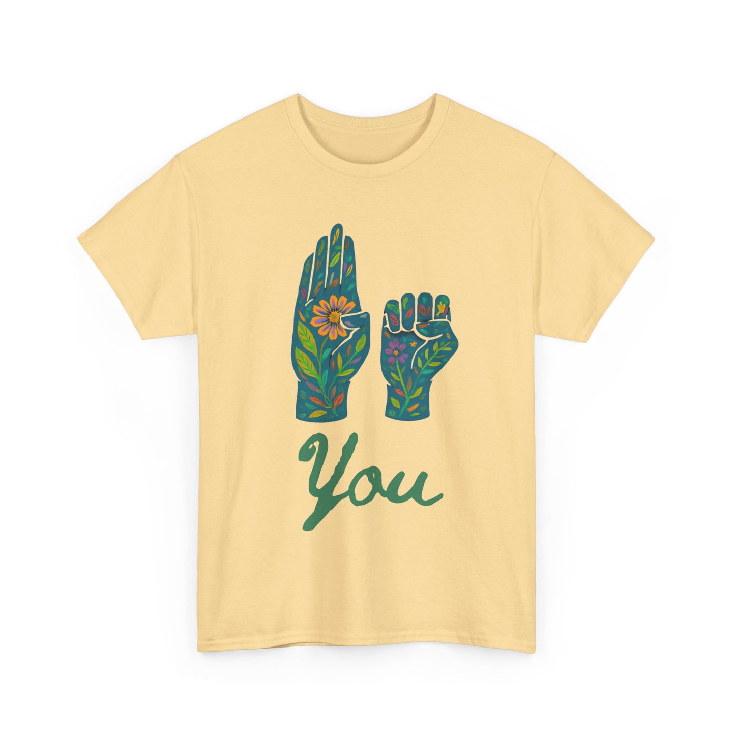 Unisex Heavy Cotton Tee with Floral ASL Design, Inspirational Sign Language T-Shirt