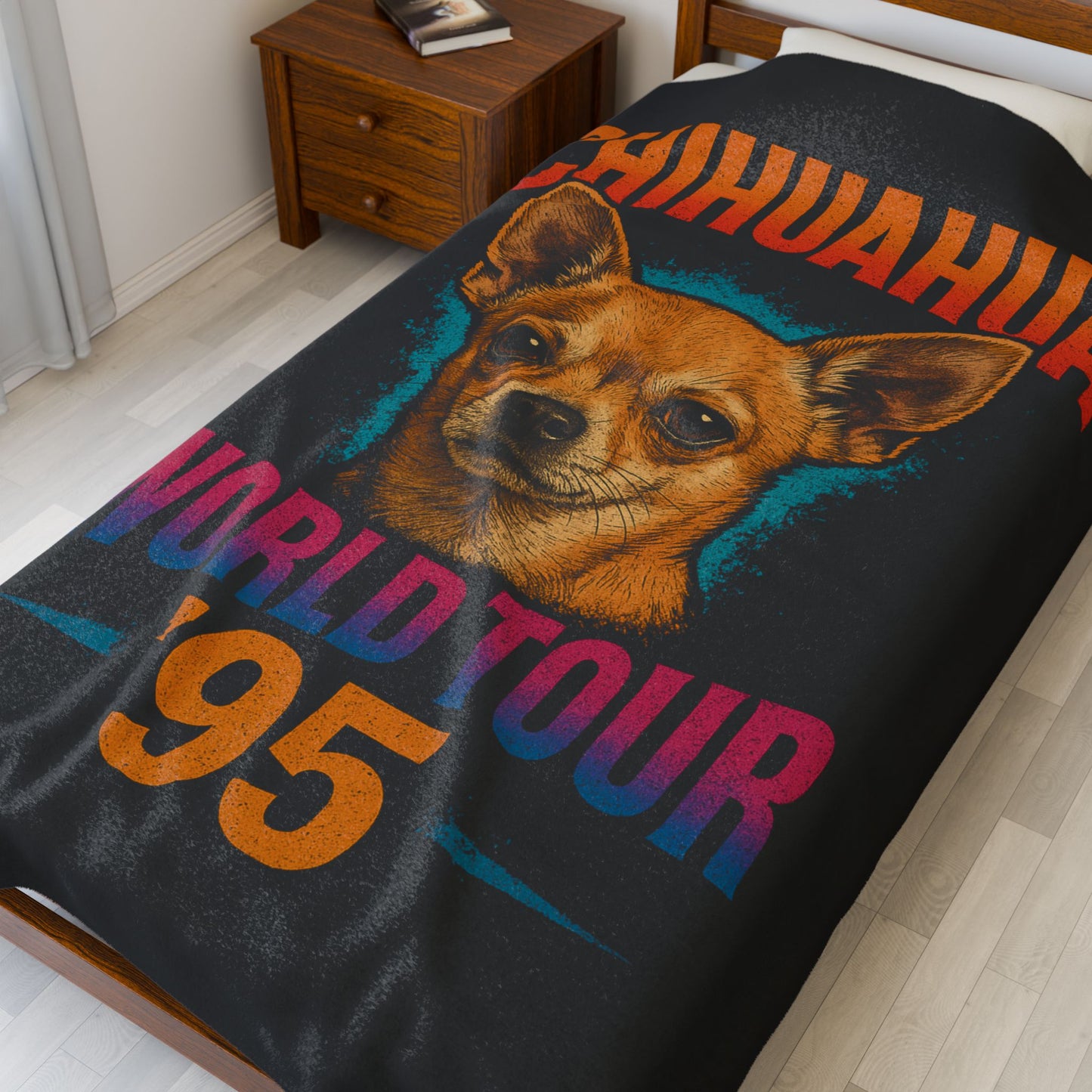 Chihuahua World Tour '95 Velveteen Plush Blanket, Cozy Throw Blanket, Pet Lover Gift, Dog Mom Present, Retro Dog Blanket, Home Decor