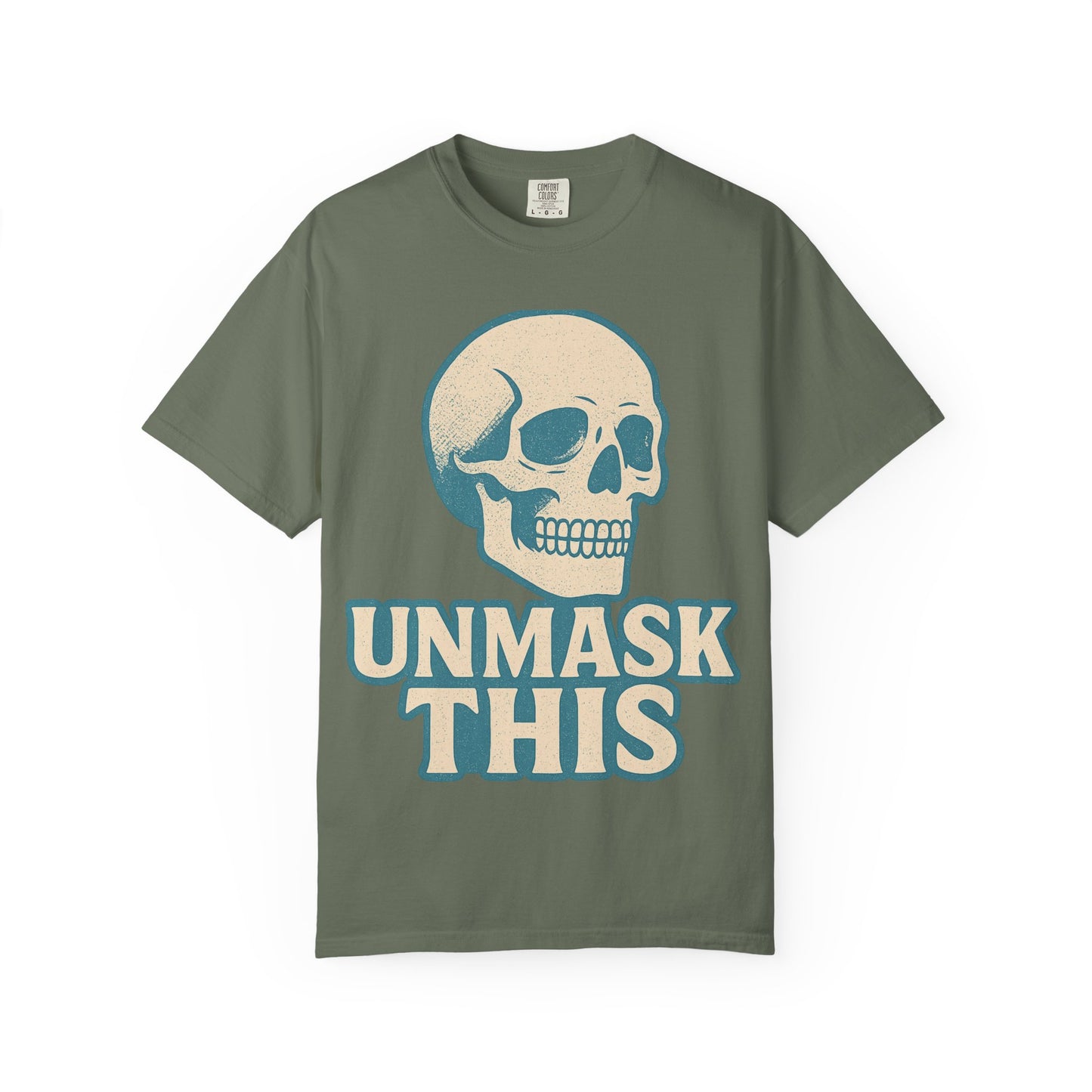 Unisex Garment-Dyed Skull T-shirt, Vintage Fashion Tee, Casual Skull Shirt, Halloween Apparel, Unmask This Shirt