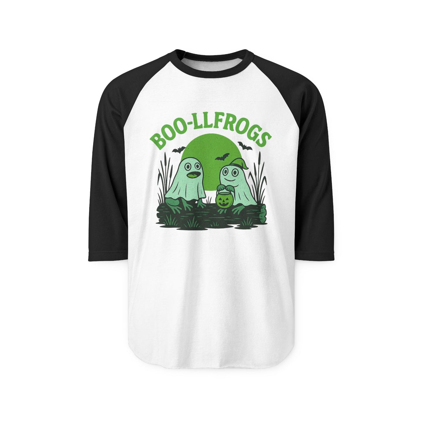 Halloween Ghosts Frogs Raglan Shirt, Boo-llfrogs Tee, Unisex Halloween Apparel, Spooky Season Shirt, Fall Festivity Wear, Ghostly T-Shirt