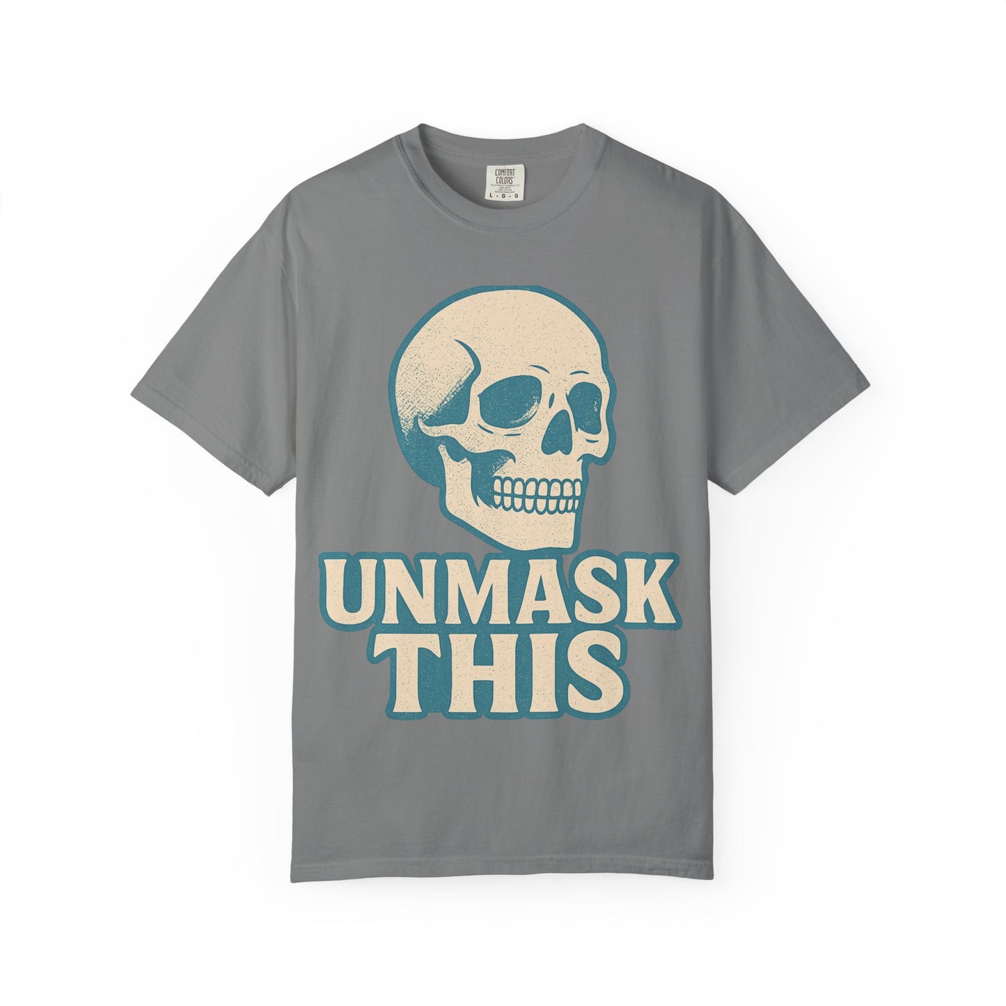 Unisex Garment-Dyed Skull T-shirt, Vintage Fashion Tee, Casual Skull Shirt, Halloween Apparel, Unmask This Shirt