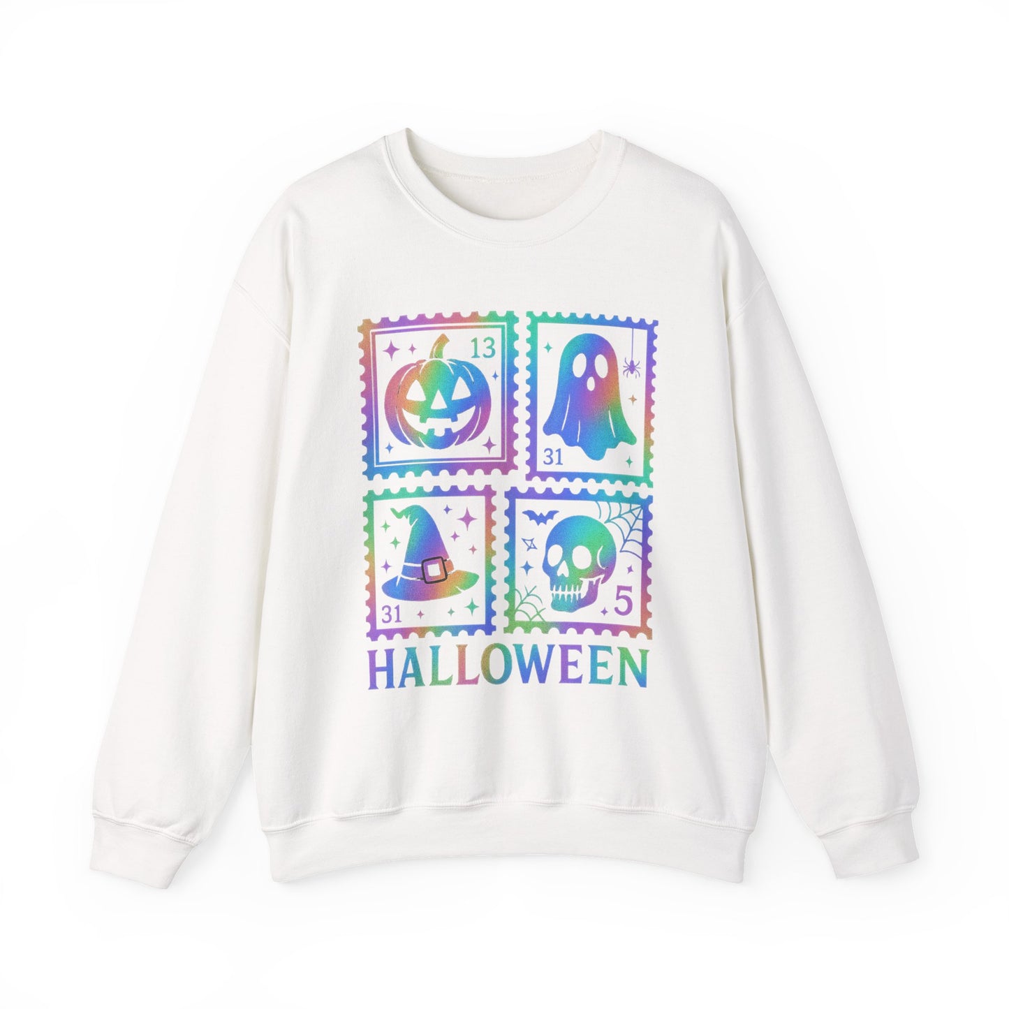 Halloween-themed Iridescent Stamp Sweatshirt, Halloween Apparel, Ghostly Sweatshirt, Pumpkin Design