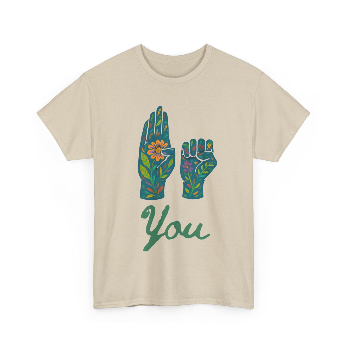 Unisex Heavy Cotton Tee with Floral ASL Design, Inspirational Sign Language T-Shirt
