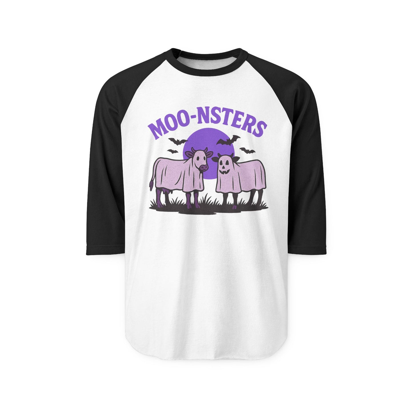 Moo-nsters Raglan Halloween Shirt, Cute Farm Cow Tee, Halloween Clothing, Funny Graphic Shirt, Unisex Casual Wear, Gift for Cow Lovers