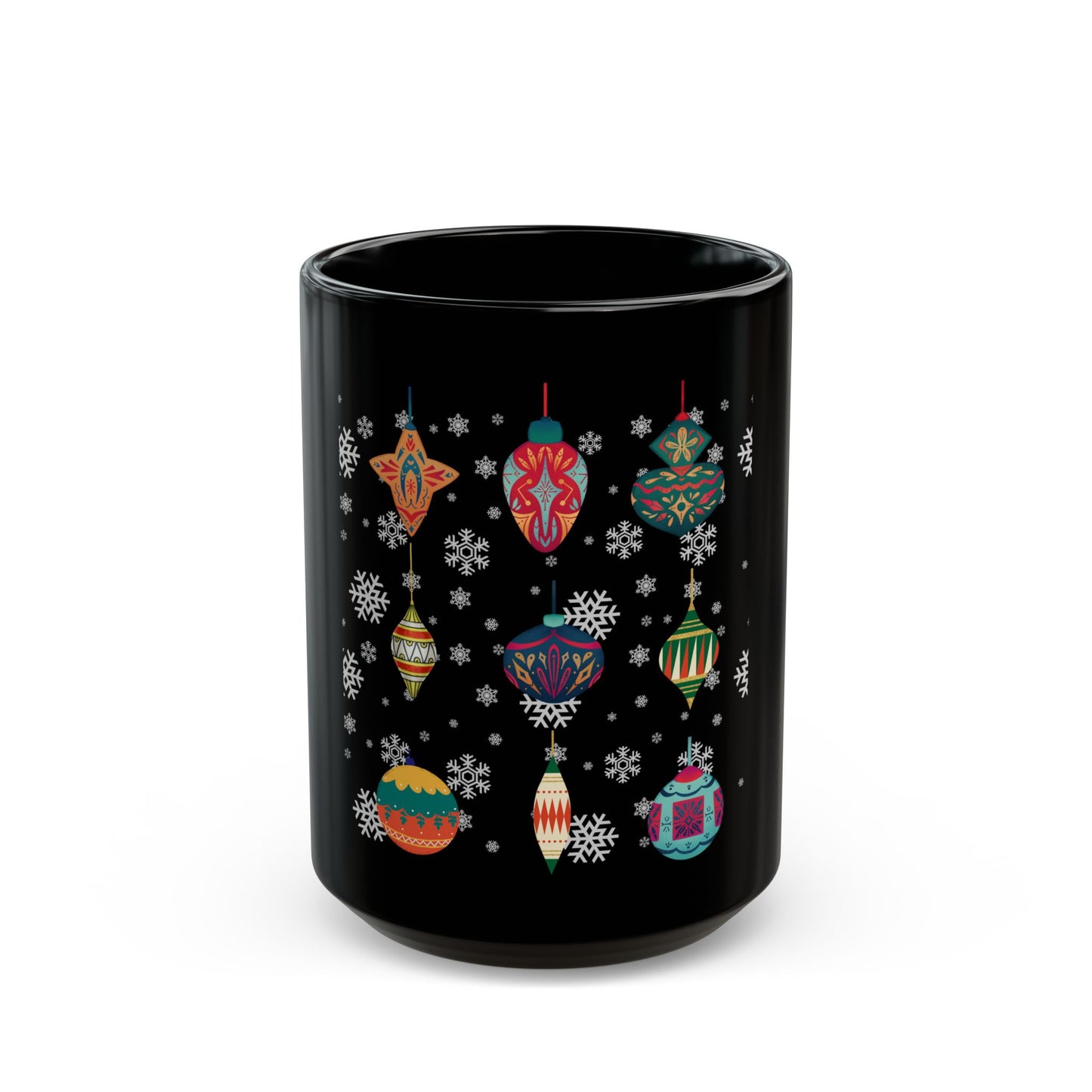 Festive Holiday Mug, Christmas Coffee Cup, Winter Decor Gift, Ornament Design, Black Ceramic Mug, Hot Beverage Holder