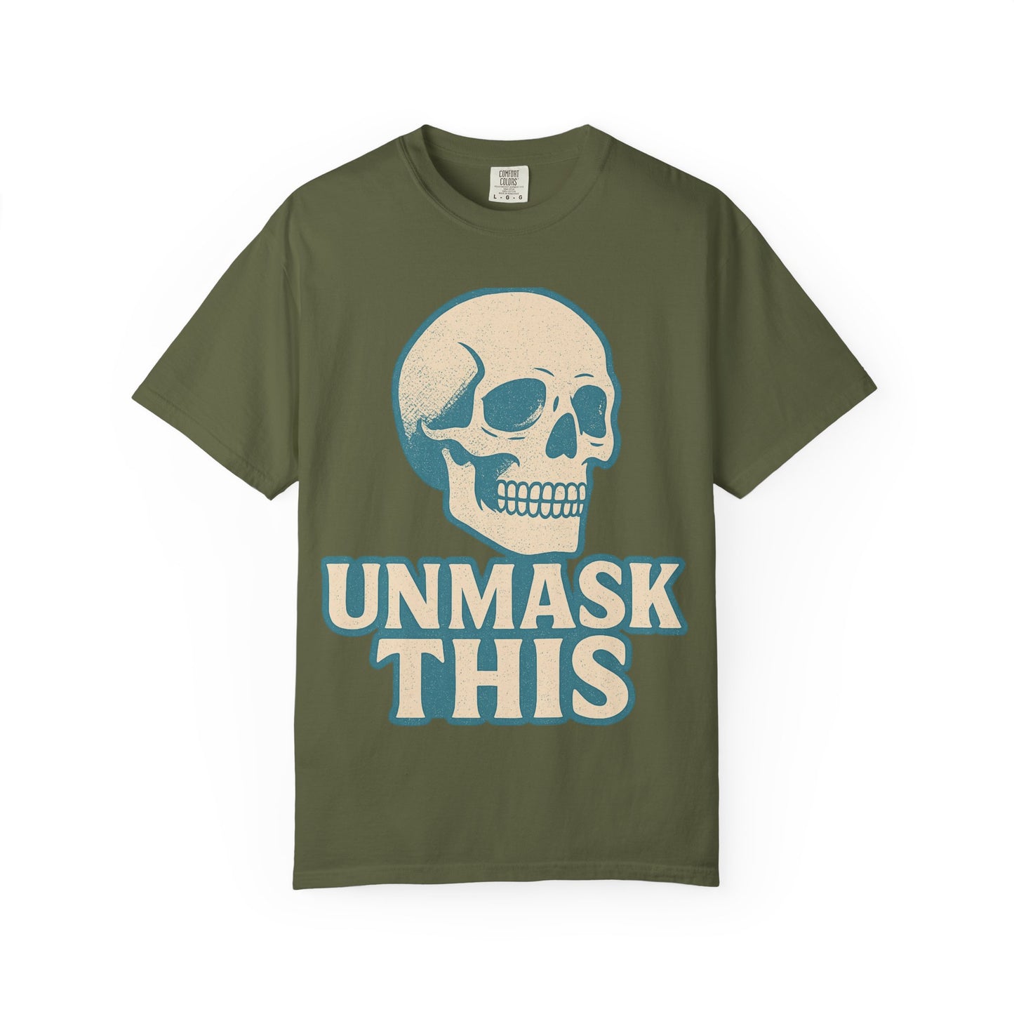 Unisex Garment-Dyed Skull T-shirt, Vintage Fashion Tee, Casual Skull Shirt, Halloween Apparel, Unmask This Shirt