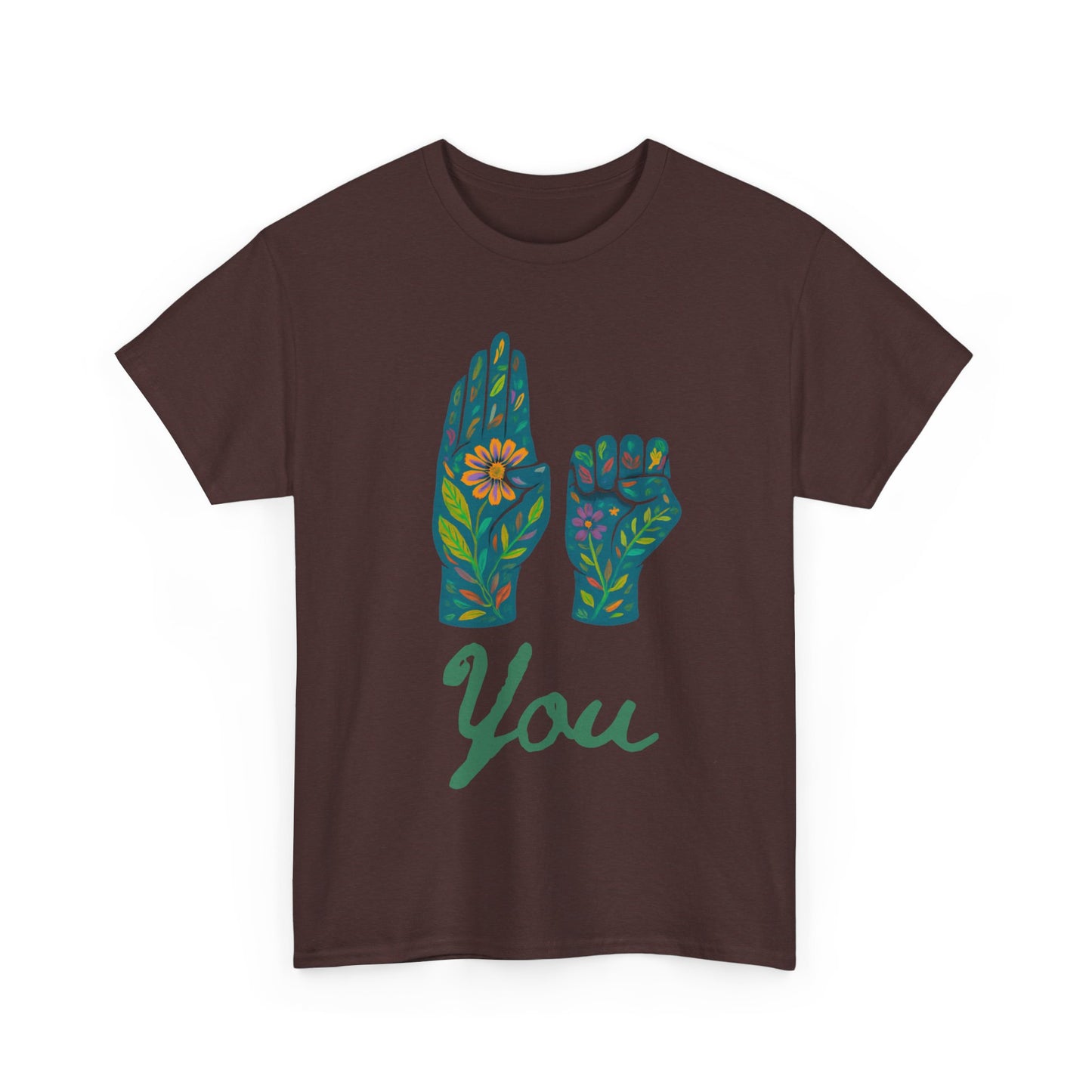 Unisex Heavy Cotton Tee with Floral ASL Design, Inspirational Sign Language T-Shirt