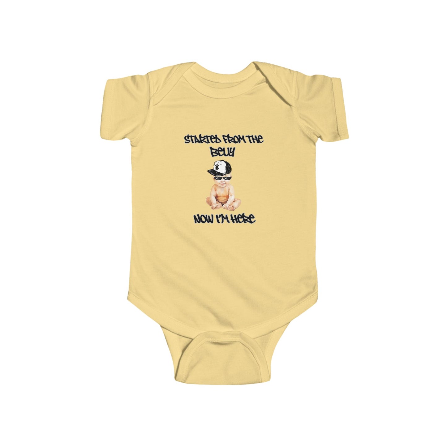 Cute Baby Bodysuit, "Started From The Belly Now I'm Here" Baby Shower Gift
