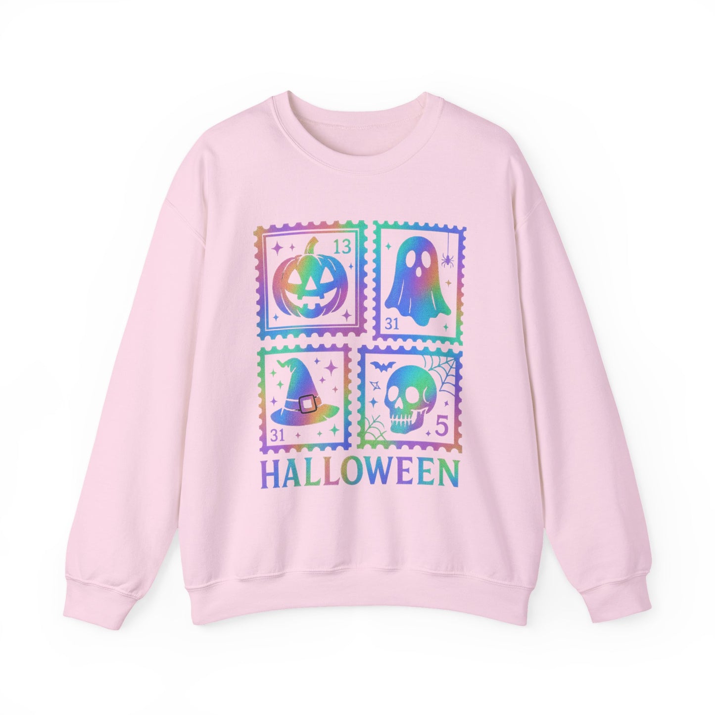 Halloween-themed Iridescent Stamp Sweatshirt, Halloween Apparel, Ghostly Sweatshirt, Pumpkin Design