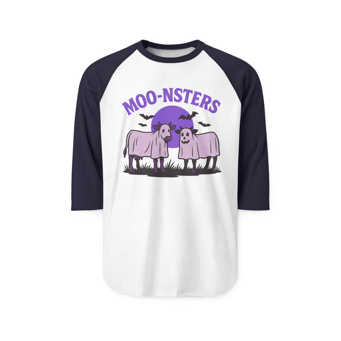 Moo-nsters Raglan Halloween Shirt, Cute Farm Cow Tee, Halloween Clothing, Funny Graphic Shirt, Unisex Casual Wear, Gift for Cow Lovers