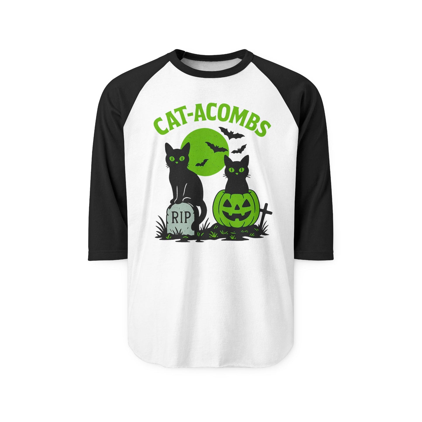 Halloween Cat-Acombs Raglan Shirt, Unisex Halloween Tee, Spooky Season Apparel, Cat Lovers Gift, Fall Fashion, Halloween Party Shirt