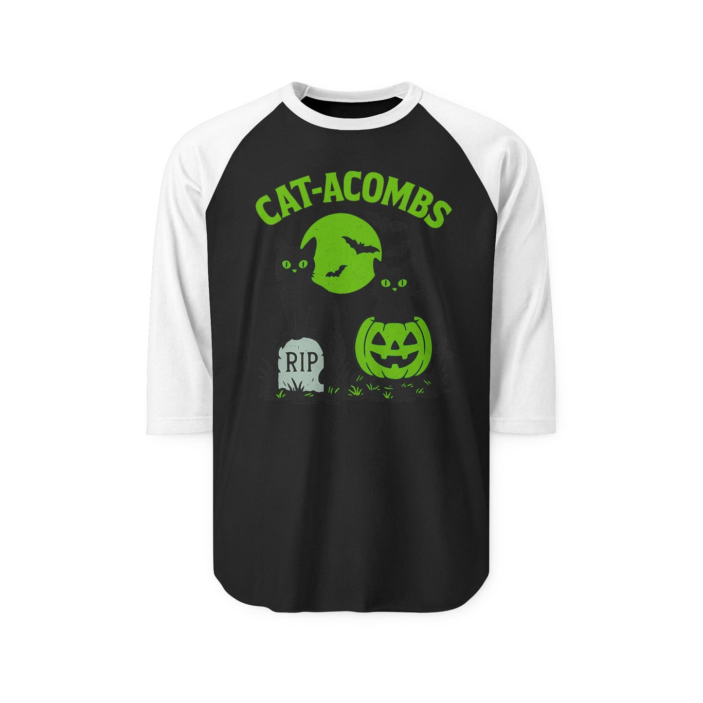 Halloween Cat-Acombs Raglan Shirt, Unisex Halloween Tee, Spooky Season Apparel, Cat Lovers Gift, Fall Fashion, Halloween Party Shirt