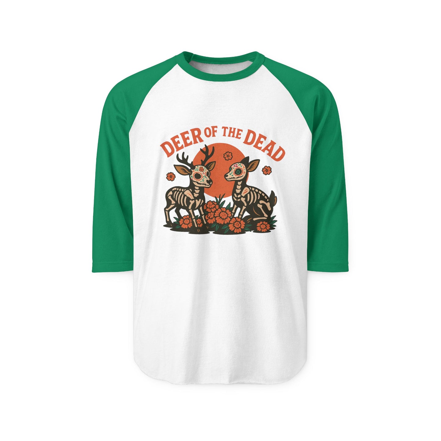 Deer of the Dead Raglan Shirt, Unisex Halloween Tee, Day of the Dead Shirt, Spooky Fashion, Fall Wardrobe Essential