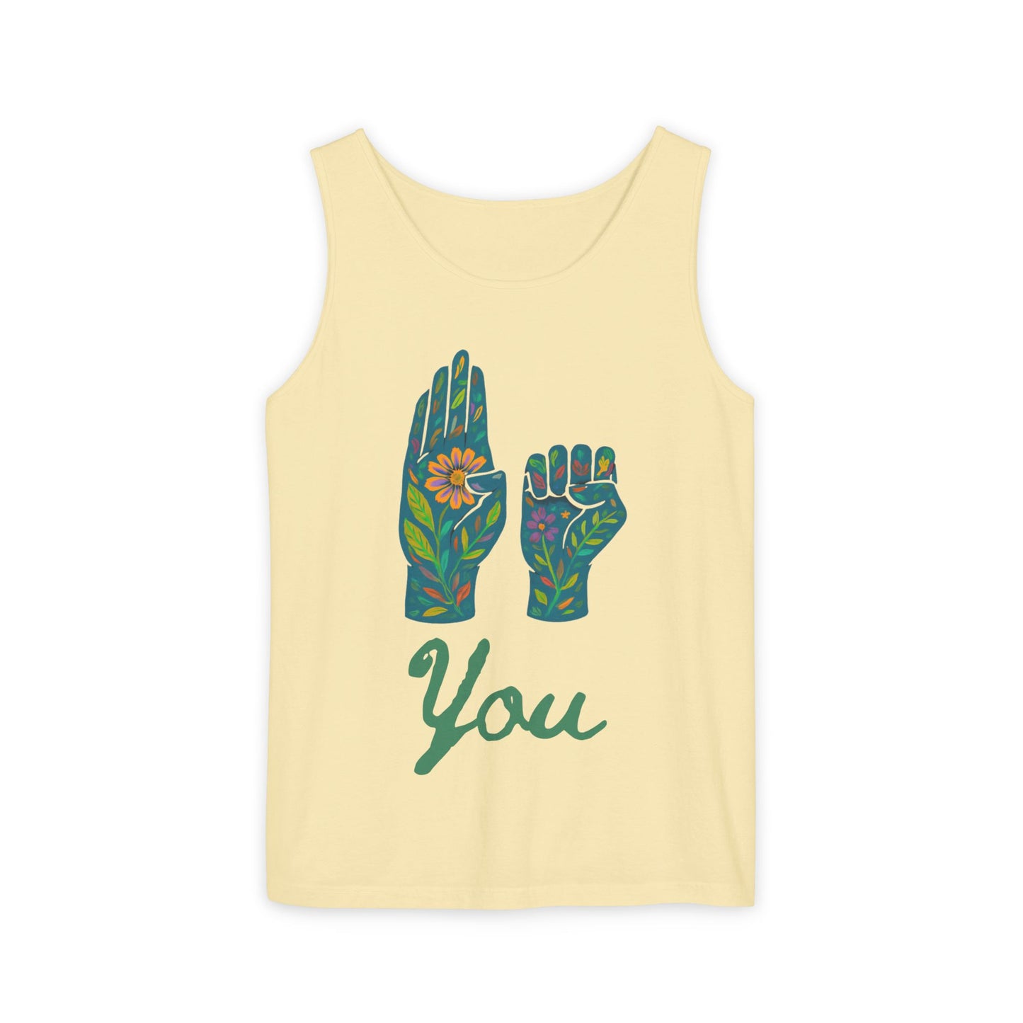 Floral ASL Hands Unisex Tank Top | "Be You" Empowering Apparel, Bohemian Style, Nature Lover Gift, Yoga & Wellness Wear, Summer Essential