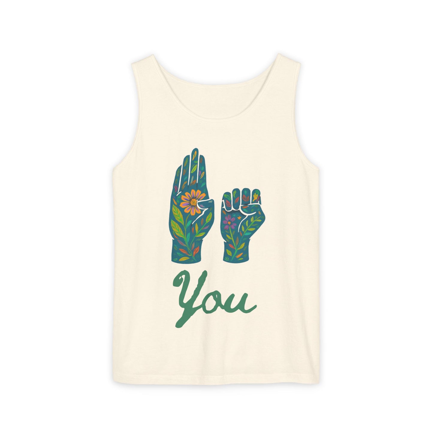 Floral ASL Hands Unisex Tank Top | "Be You" Empowering Apparel, Bohemian Style, Nature Lover Gift, Yoga & Wellness Wear, Summer Essential