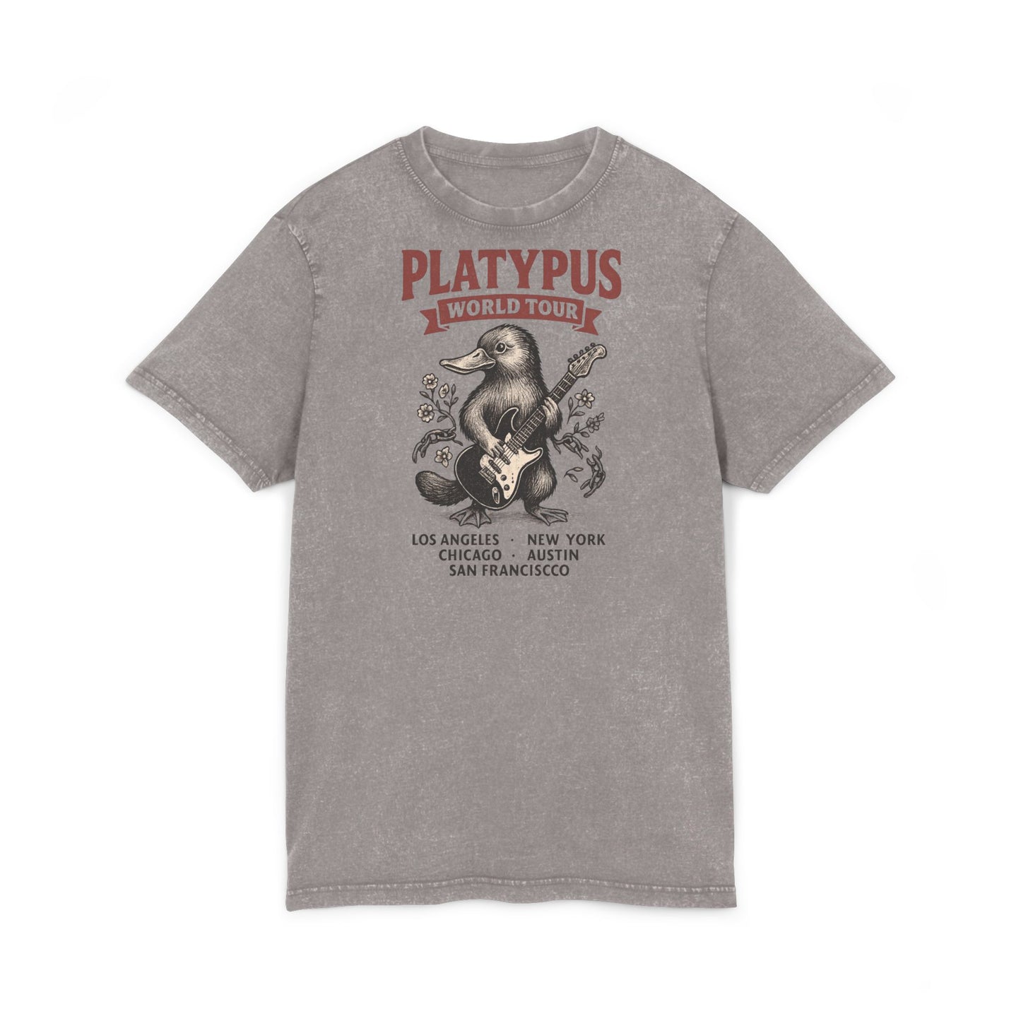 Retro Acid Washed Tee with Platypus Design, Vintage T-Shirt, Music Lover Gift, Fun Graphic Shirt, Casual Summer Wear
