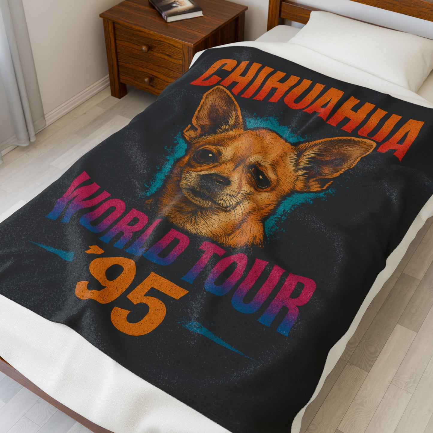 Chihuahua World Tour '95 Velveteen Plush Blanket, Cozy Throw Blanket, Pet Lover Gift, Dog Mom Present, Retro Dog Blanket, Home Decor