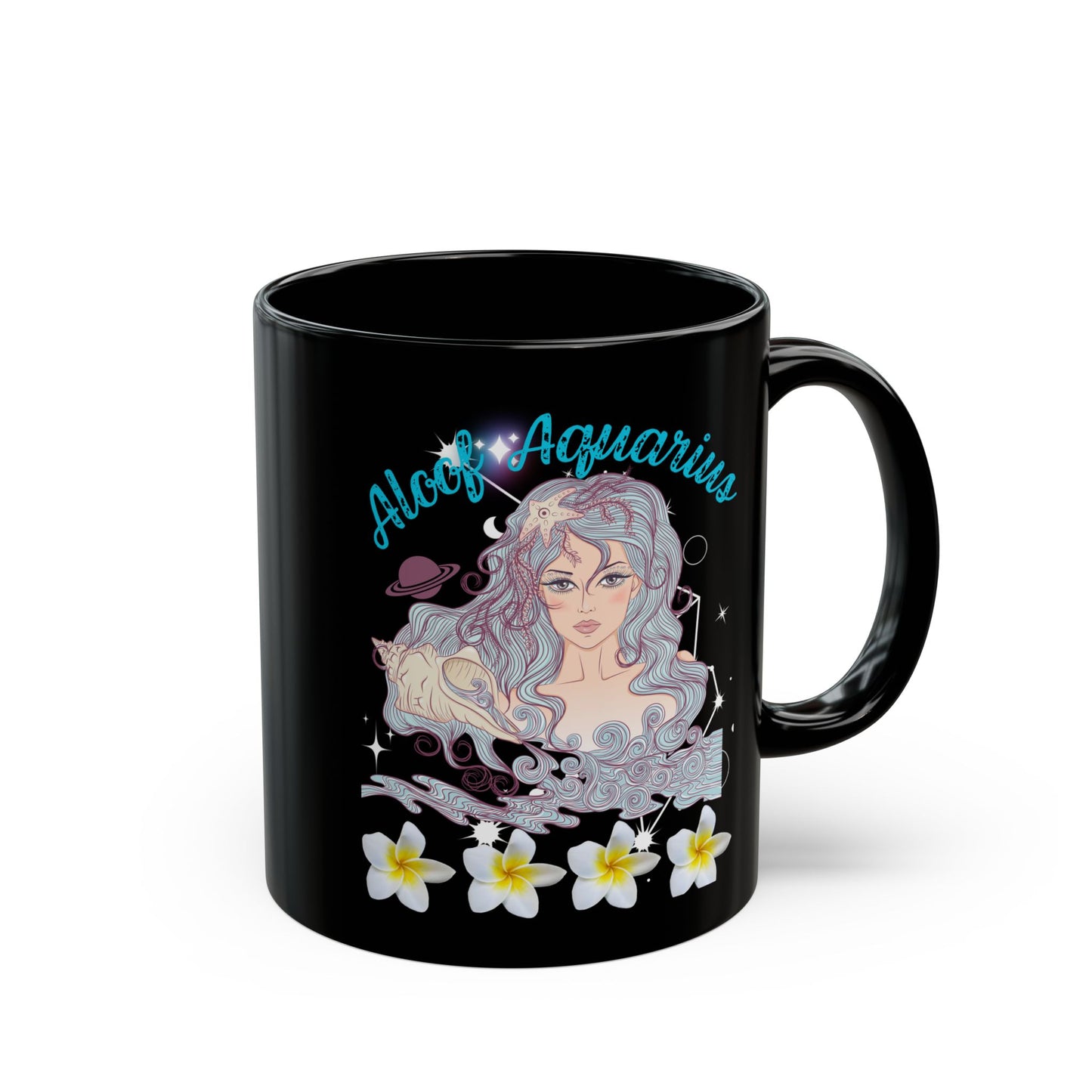 Aquarius Zodiac Black Coffee Mug with Floral Design, Astrology Gift, Coffee Cup, Horoscope Lover's Mug