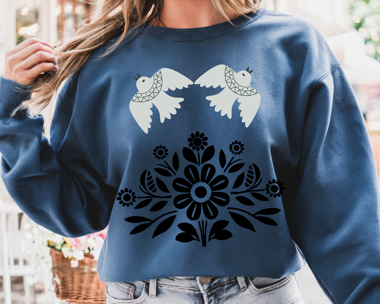 Boho Floral Crewneck Sweatshirt, Gift for Her, Fall/Winter Fashion Serene Doves & Blooms Cozy Sweatshirt - Bird Lovers