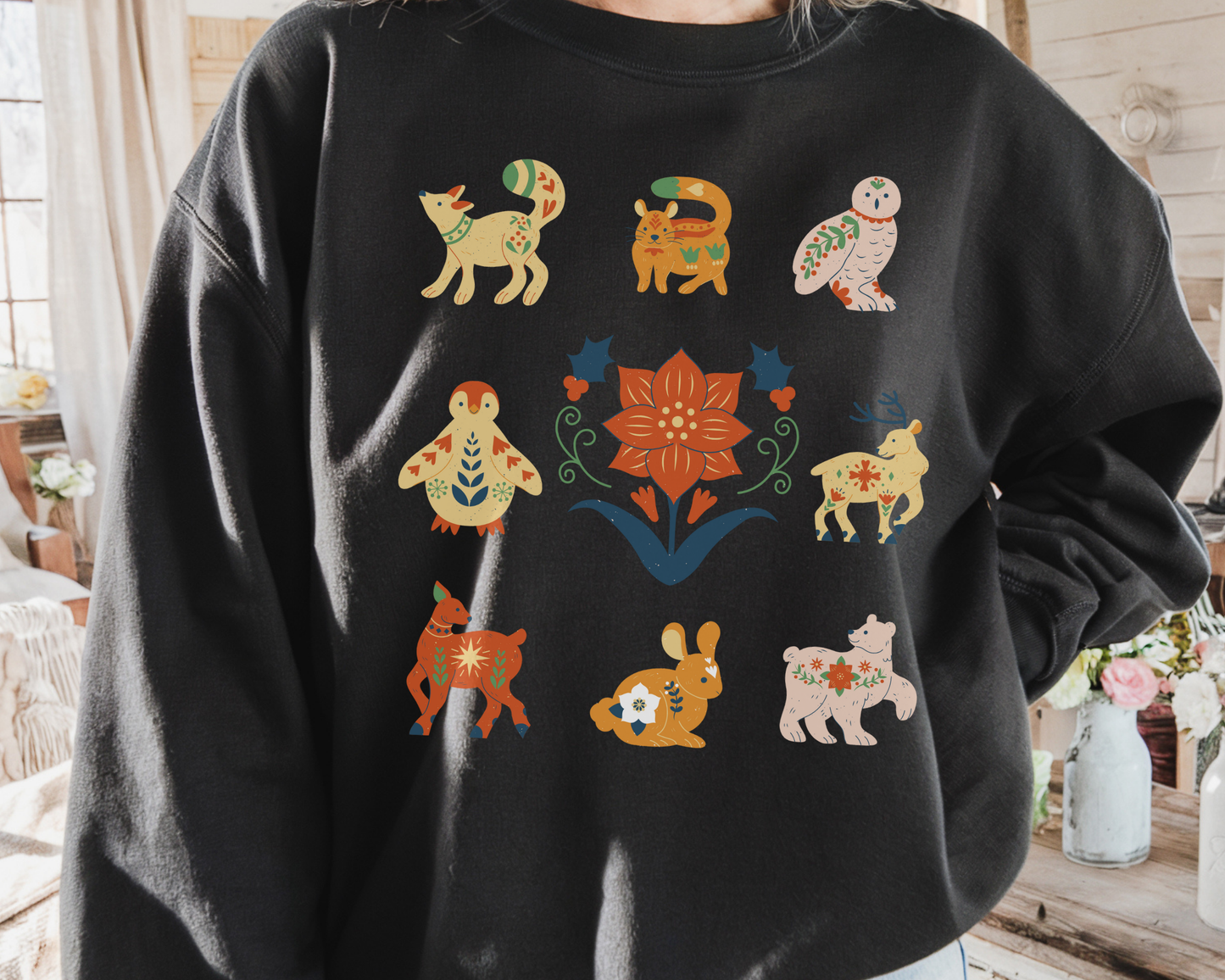 Boho Winter Woodland Creatures Floral Cozy Sweatshirt - Whimsical Graphic Outdoorsy Gift for Nature Lovers