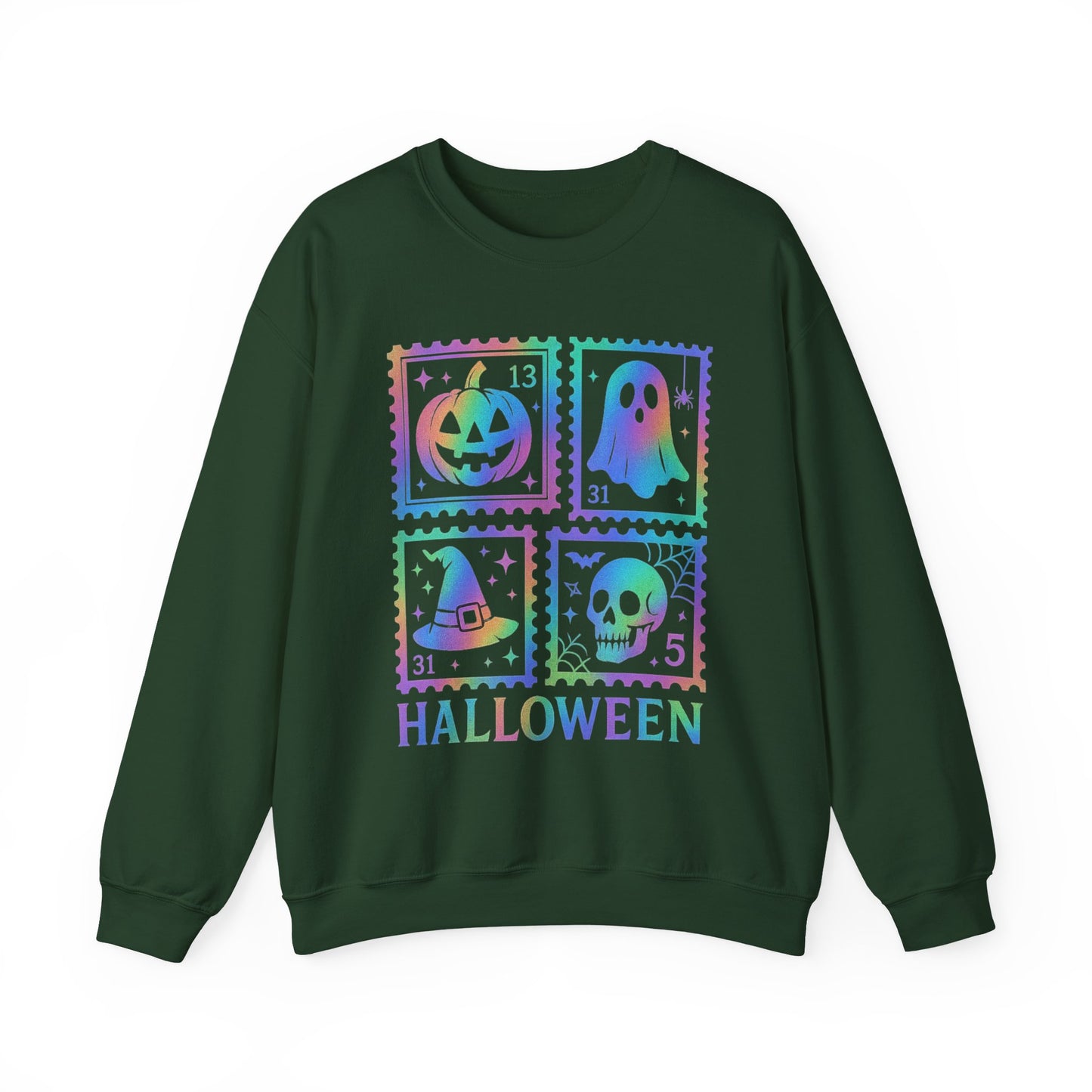 Halloween-themed Iridescent Stamp Sweatshirt, Halloween Apparel, Ghostly Sweatshirt, Pumpkin Design