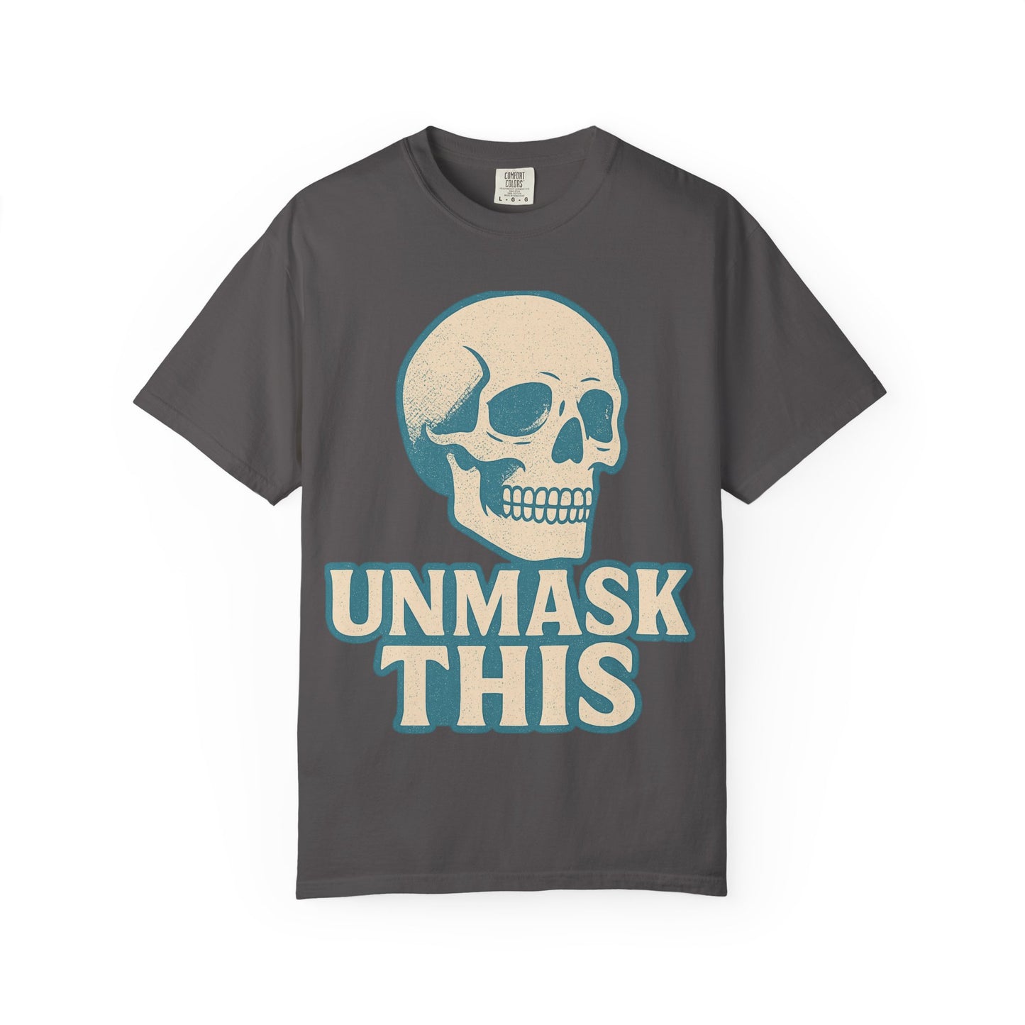 Unisex Garment-Dyed Skull T-shirt, Vintage Fashion Tee, Casual Skull Shirt, Halloween Apparel, Unmask This Shirt