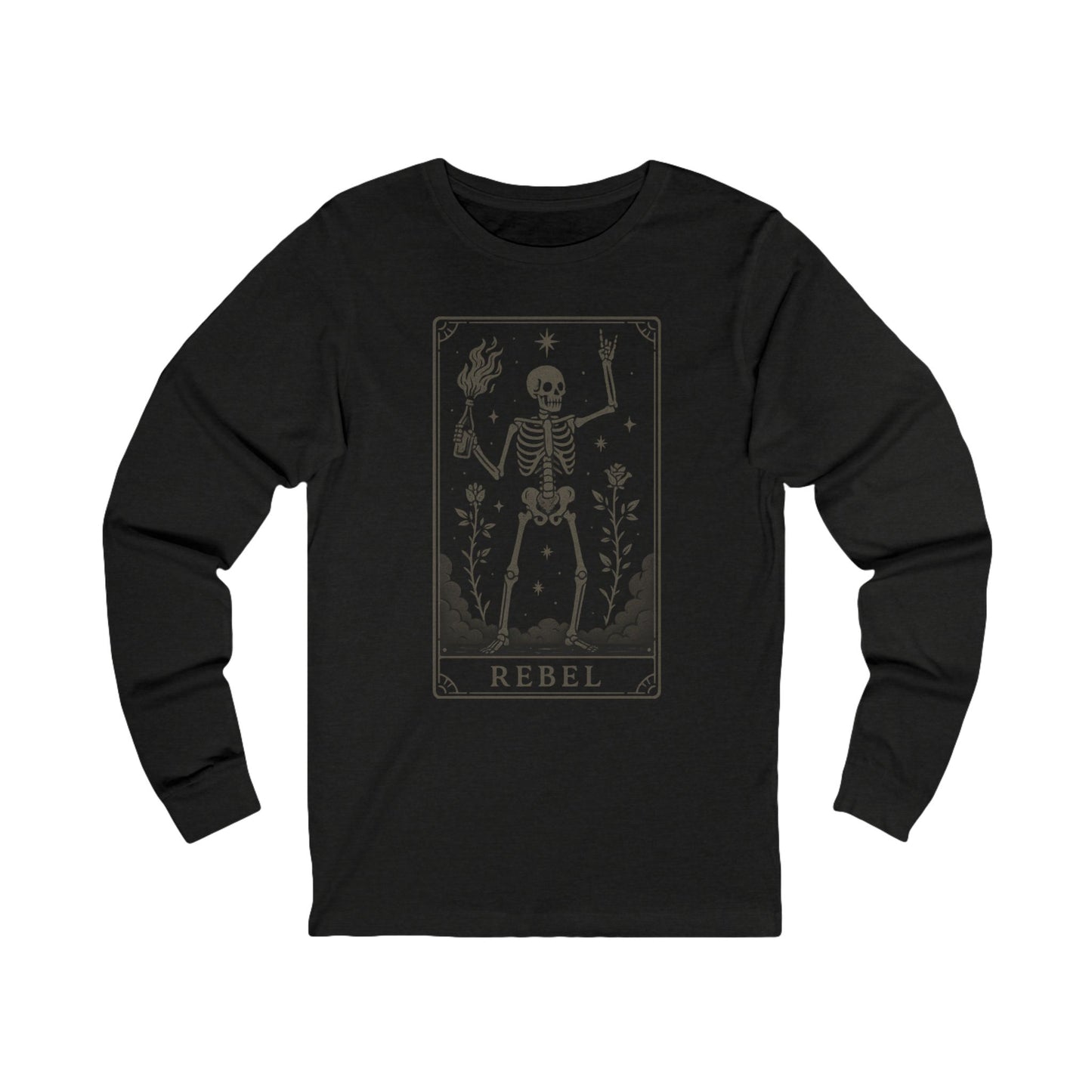 Rebel Skeleton Long Sleeve Tee | Unisex Graphic Shirt for Halloween, Boho Style Apparel, Casual Wear, Gift Idea
