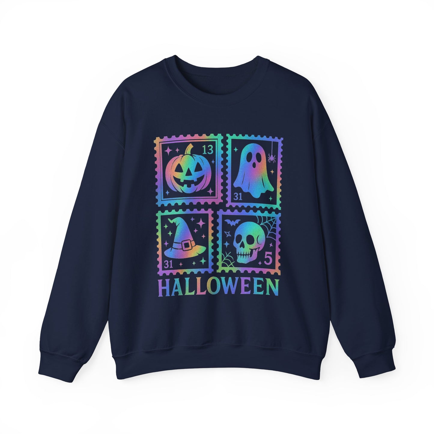 Halloween-themed Iridescent Stamp Sweatshirt, Halloween Apparel, Ghostly Sweatshirt, Pumpkin Design