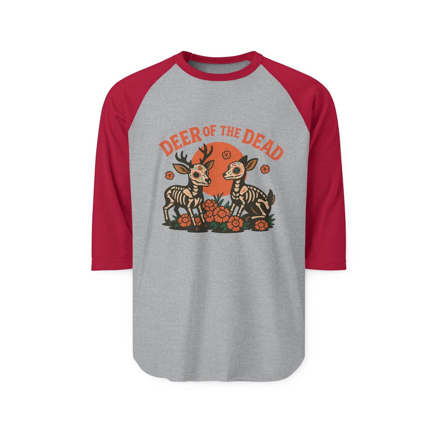 Deer of the Dead Raglan Shirt, Unisex Halloween Tee, Day of the Dead Shirt, Spooky Fashion, Fall Wardrobe Essential