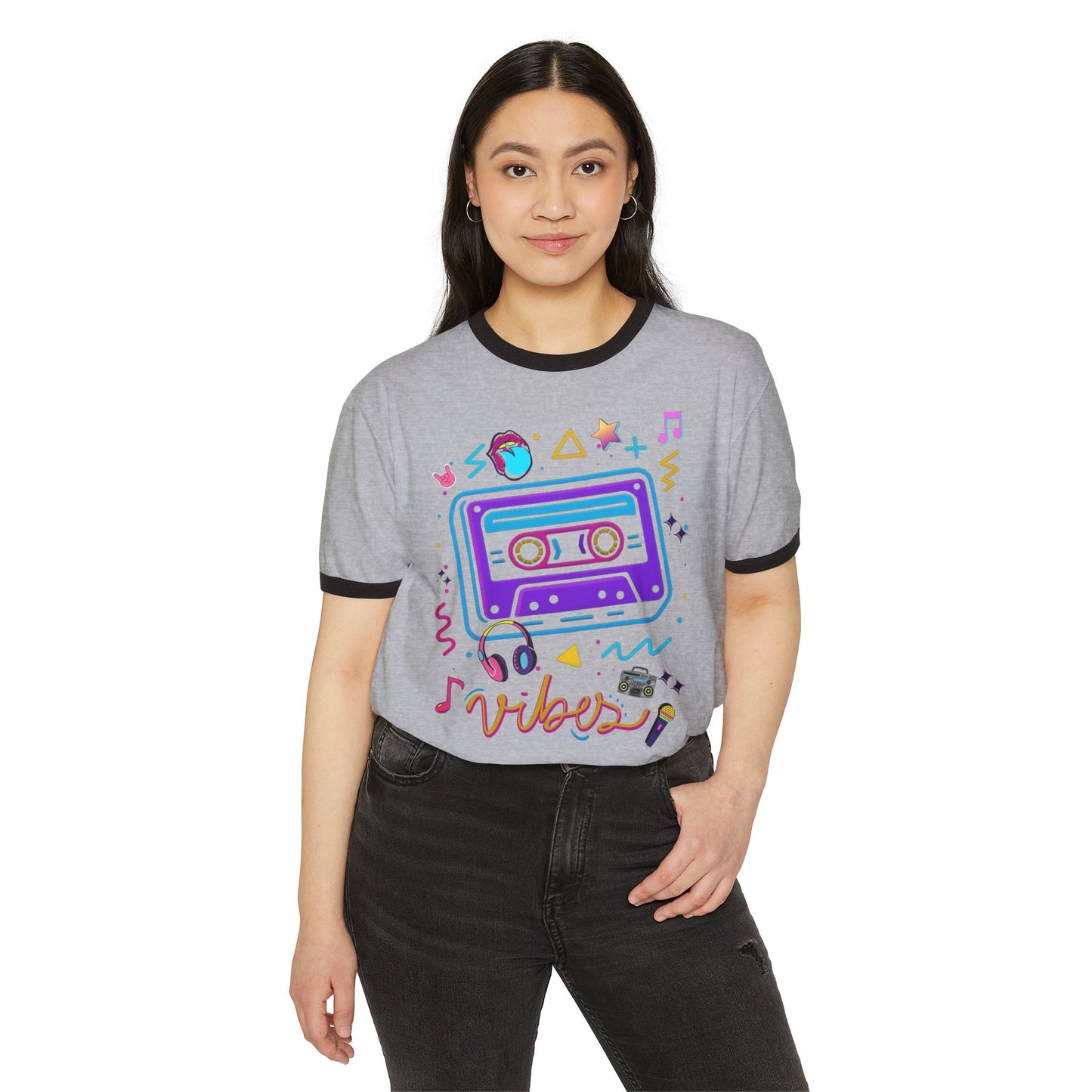 Retro Vibes Unisex Ringer T-Shirt - Casual Style, 90s Aesthetic, Perfect Gift for Music Lovers, Vintage Fashion, Festival Wear