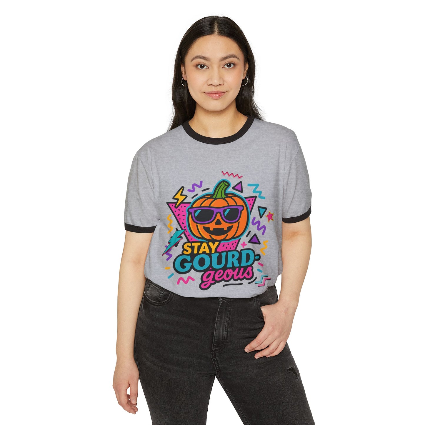 Stay Gourd-geous Halloween Unisex Cotton Ringer T-Shirt, Cute Pumpkin Tee, Spooky Vibes Shirt, Fall Fashion, Halloween Costume