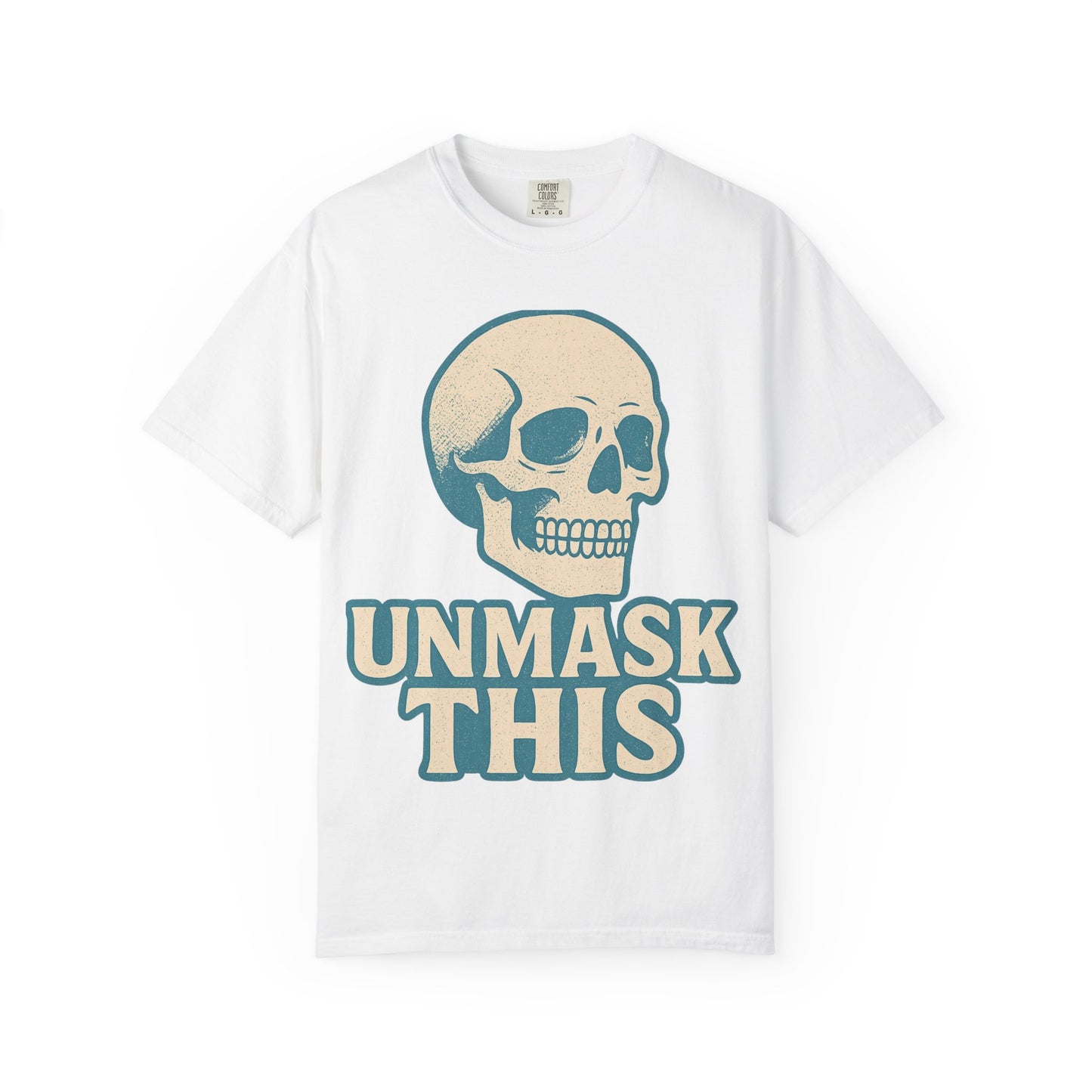 Unisex Garment-Dyed Skull T-shirt, Vintage Fashion Tee, Casual Skull Shirt, Halloween Apparel, Unmask This Shirt