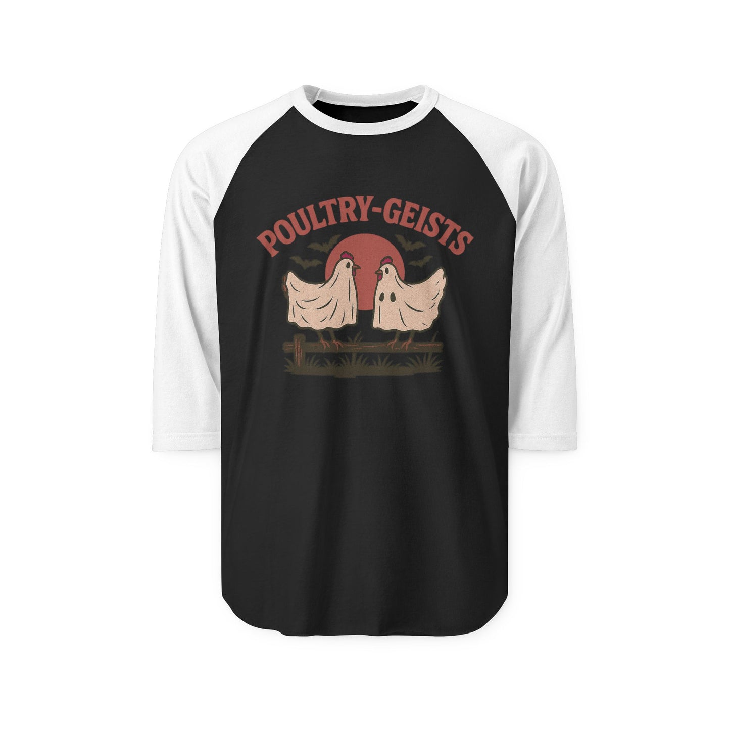 Poultry-Geists Unisex Raglan Halloween Shirt, Funny Halloween Tee, Farmhouse Style Top, Ghost Chicken Shirt, Perfect for Parties, Gift Idea