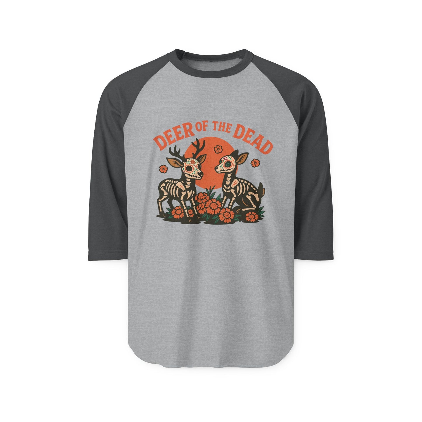 Deer of the Dead Raglan Shirt, Unisex Halloween Tee, Day of the Dead Shirt, Spooky Fashion, Fall Wardrobe Essential