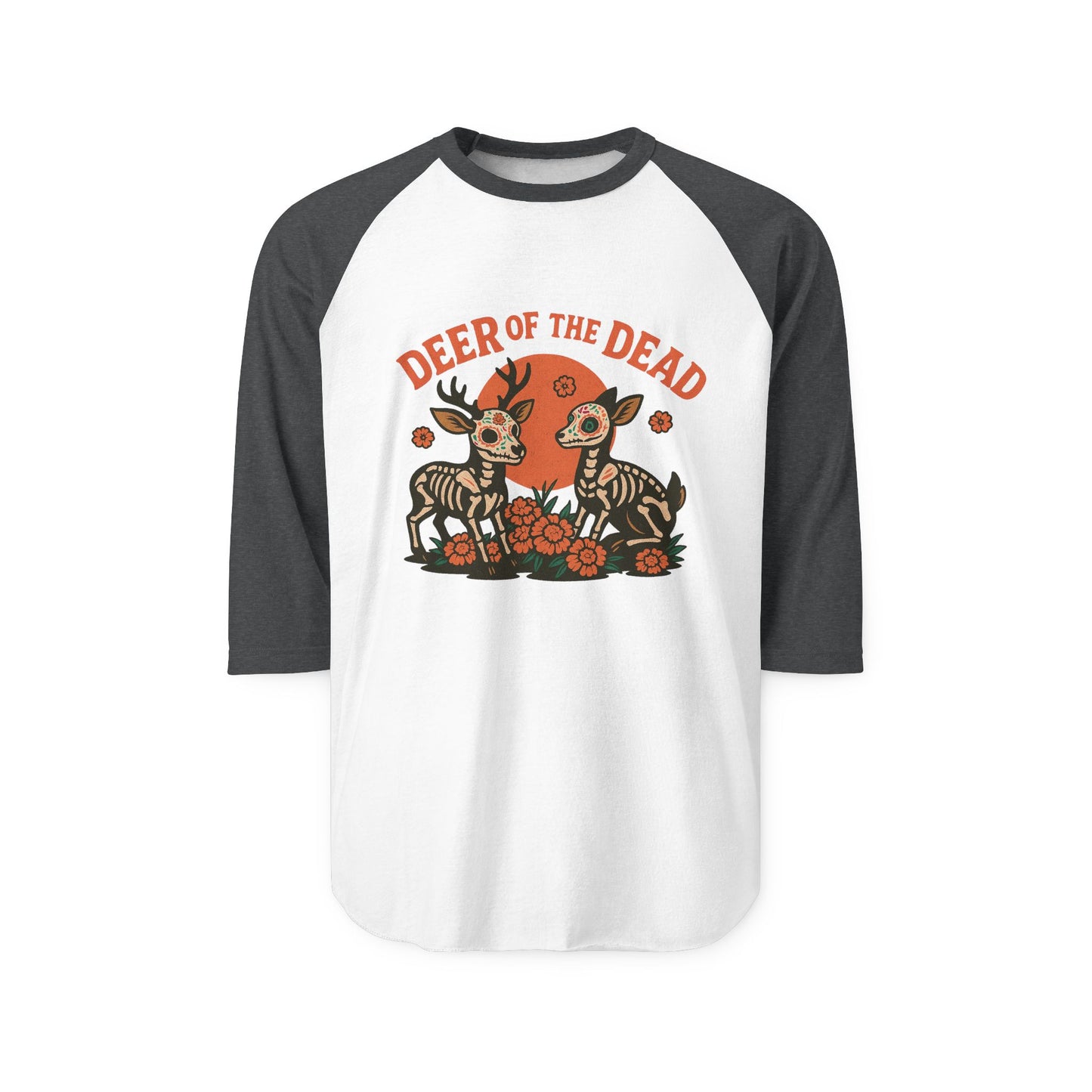 Deer of the Dead Raglan Shirt, Unisex Halloween Tee, Day of the Dead Shirt, Spooky Fashion, Fall Wardrobe Essential