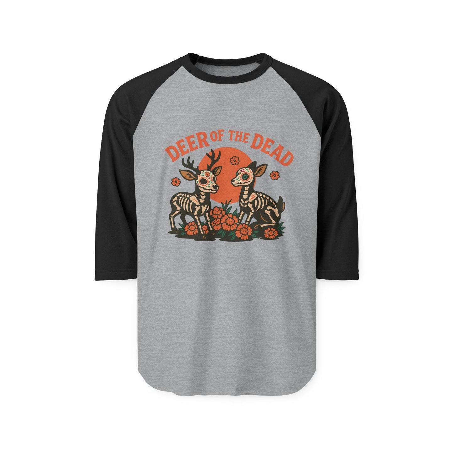 Deer of the Dead Raglan Shirt, Unisex Halloween Tee, Day of the Dead Shirt, Spooky Fashion, Fall Wardrobe Essential