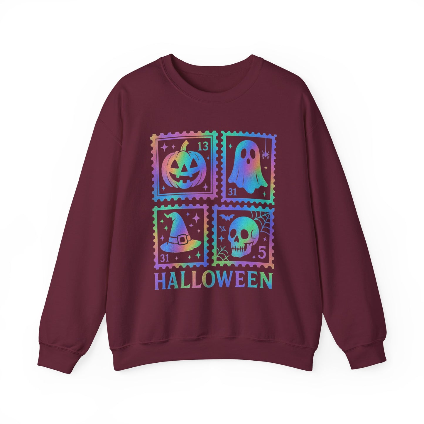 Halloween-themed Iridescent Stamp Sweatshirt, Halloween Apparel, Ghostly Sweatshirt, Pumpkin Design