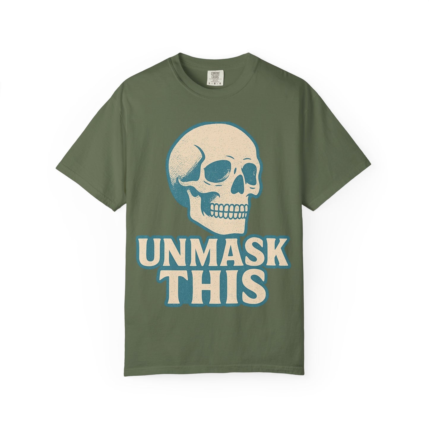 Unisex Garment-Dyed Skull T-shirt, Vintage Fashion Tee, Casual Skull Shirt, Halloween Apparel, Unmask This Shirt