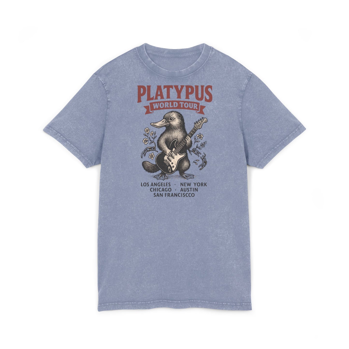 Retro Acid Washed Tee with Platypus Design, Vintage T-Shirt, Music Lover Gift, Fun Graphic Shirt, Casual Summer Wear