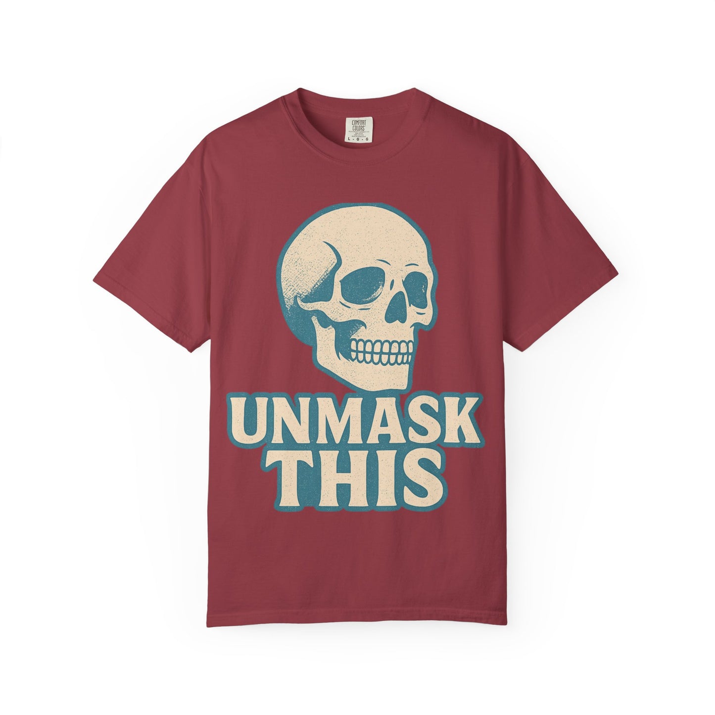Unisex Garment-Dyed Skull T-shirt, Vintage Fashion Tee, Casual Skull Shirt, Halloween Apparel, Unmask This Shirt