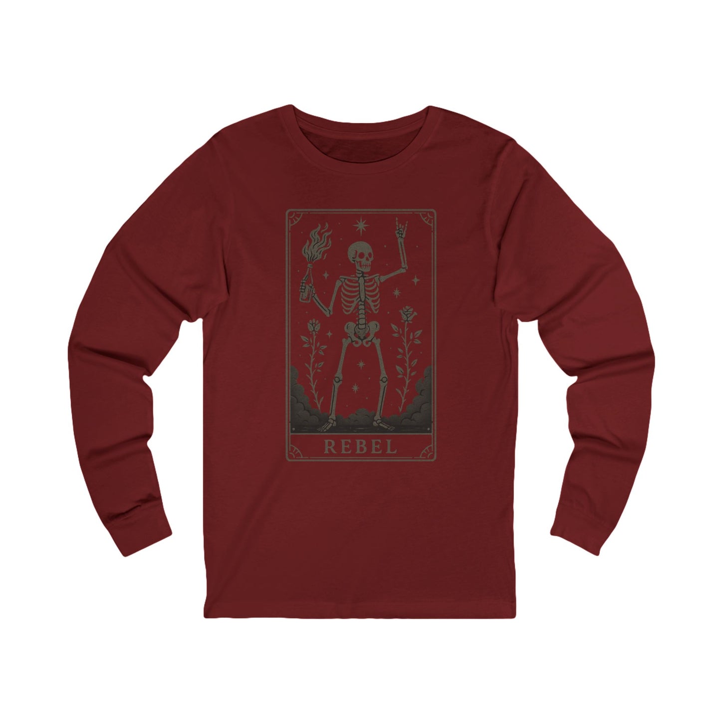 Rebel Skeleton Long Sleeve Tee | Unisex Graphic Shirt for Halloween, Boho Style Apparel, Casual Wear, Gift Idea